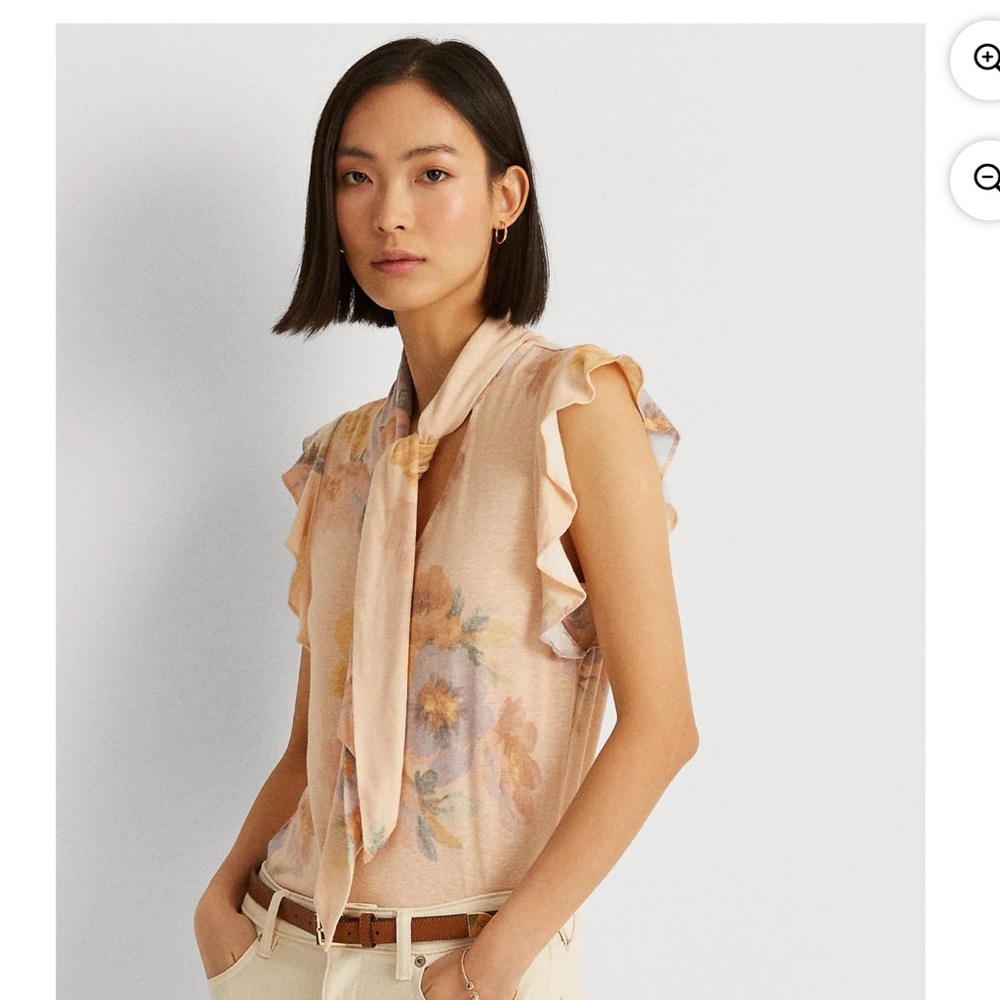 Lauren Ralph Lauren Large L Peach‎ Floral Self Tie Neck Ruffled Sleeve Top